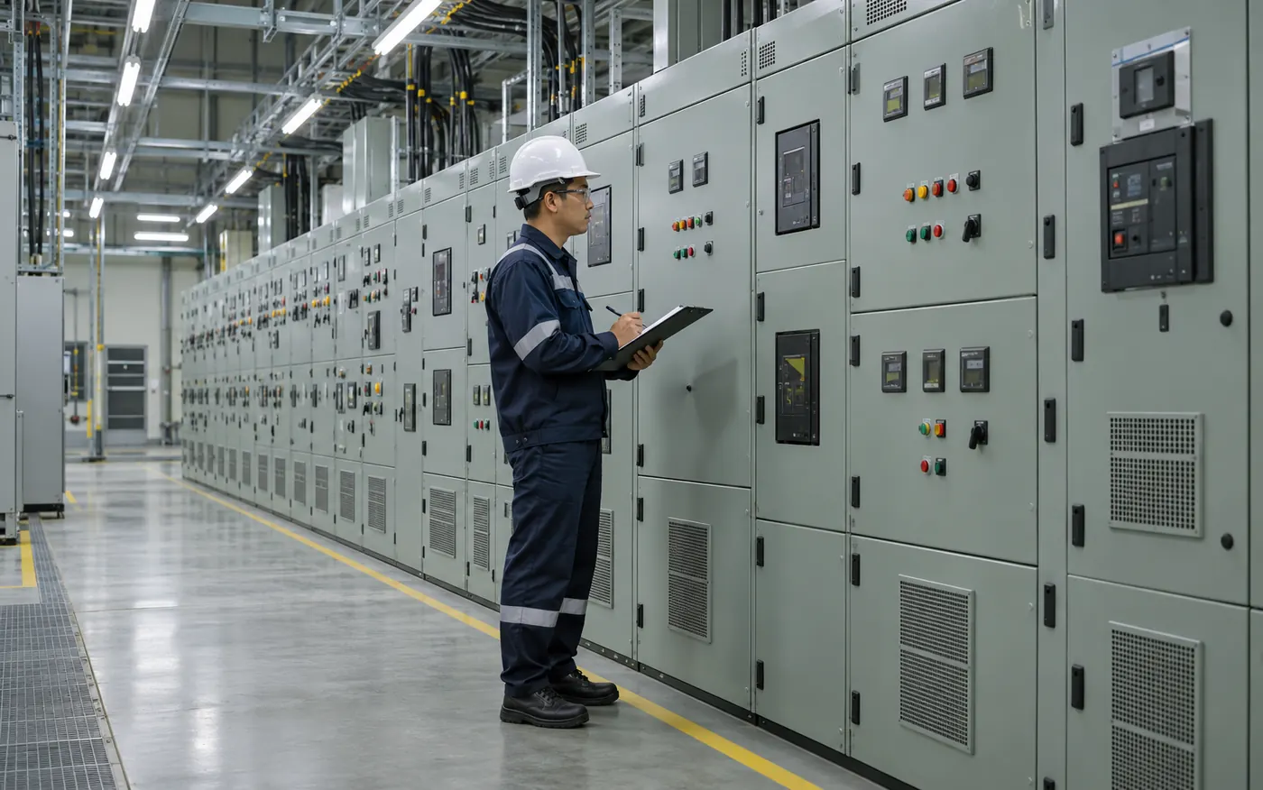 Teknisi memeriksa switchgear dan panel MCC