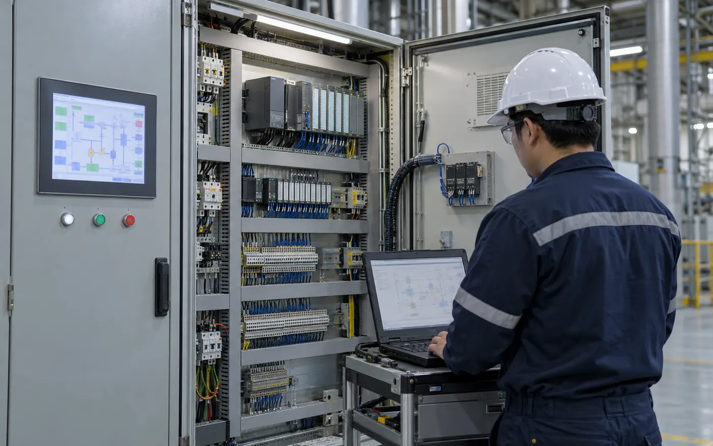 Teknisi memeriksa panel PLC dan I/O serta HMI